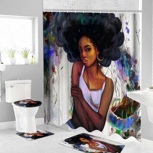 Tela de cortina de ducha de niña africana Cuarto de baño Juego de cortinas Alfombra de baño antideslizante Alfombra de i