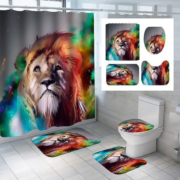 180x180CM Colorful Lion Impermeable Cortina de ducha Juego de cubierta de tapa de alfombra de baño antideslizante