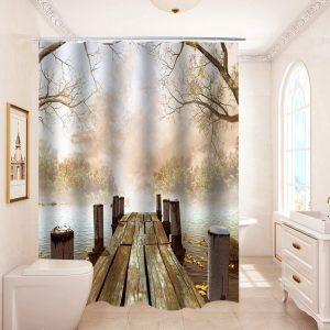 180x180CM Impresión de puente de madera Cuarto de baño Cortina de ducha Cubierta de inodoro Tapete Juego de alfombra ant