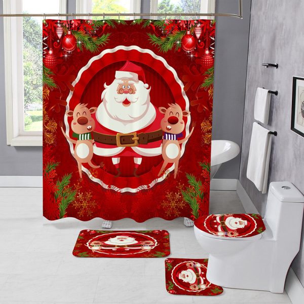 Cortina de ducha estilo navideño Papá Noel de tres piezas Cuatro piezas Cuarto de baño Juego de alfombrillas Impermeable