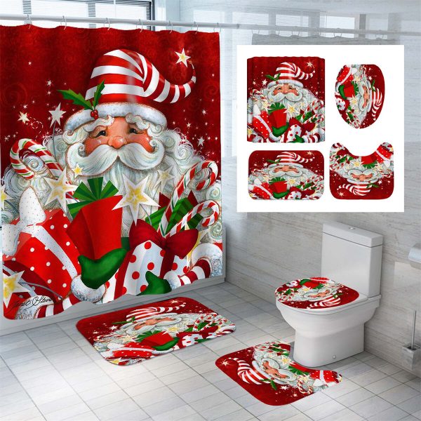 Papá Noel Impermeable Cortina de ducha Navidad Alfombra de baño antideslizante Juego de alfombrillas de baño Navidad Cua