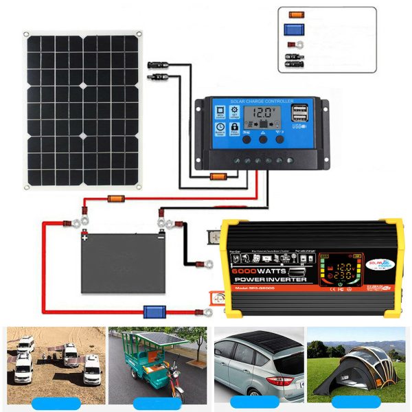 6000W DC 12V a AC 110V / 220V Pantalla inteligente Solar Inversor de corriente 18V 18W Solar Panel 30A 12V / 24V Solar K