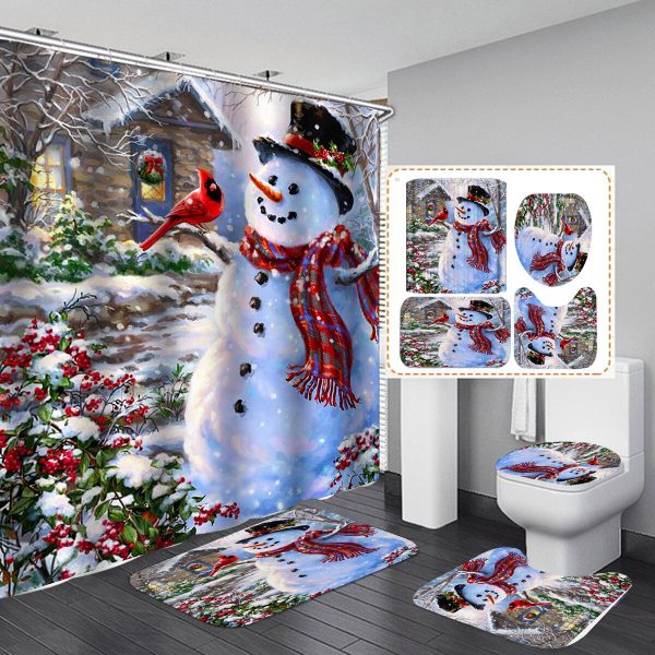 Muñeco de nieve navideño Impreso en 3D Cuarto de baño Cortina Impermeable Juego de alfombrilla de baño antideslizante Mu