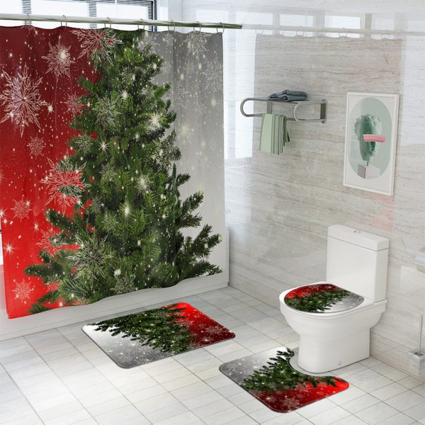 180x180CM Juego de cortina de ducha de árbol de Navidad Alfombras antideslizantes Cubierta de tapa de inodoro Alfombra d