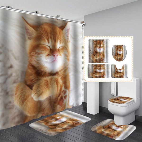Cat Printing Impermeable Cuarto de baño Cortina de ducha Juego de alfombrillas para inodoro